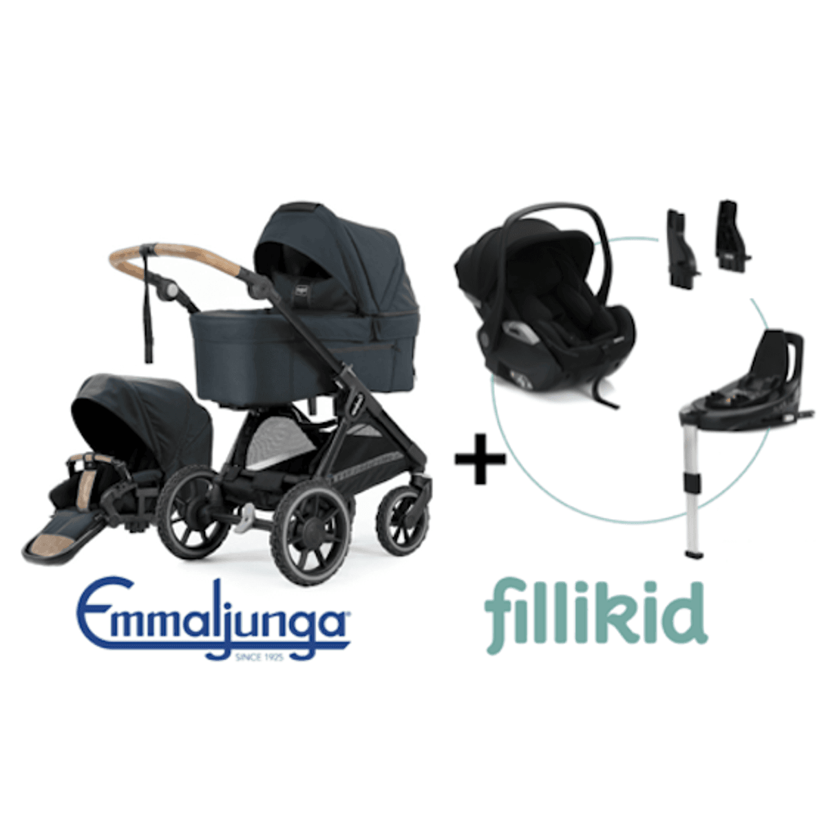 Emmaljunga| Solo Duo Kombi Flat | Forest + Fillikid Noa Bilstol, base og Adapter