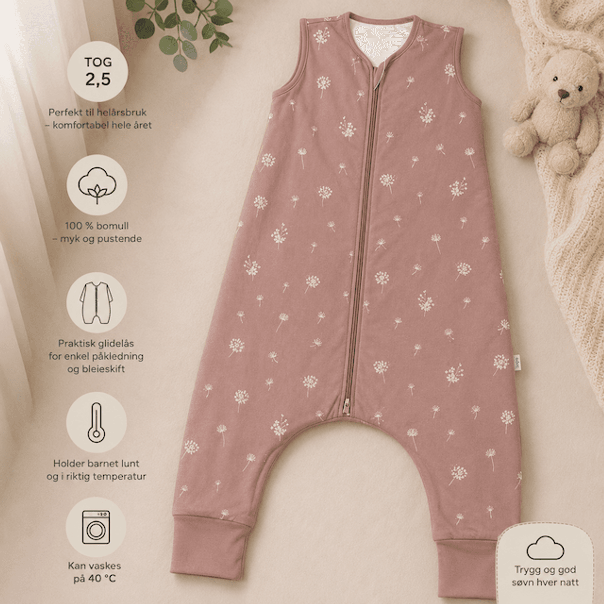 Fillikid | Helårs nattpose med ben | Str. 104 | Dandelion Pink